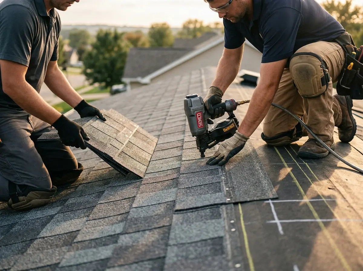 Professional roofer working on a residential roof in Schertz